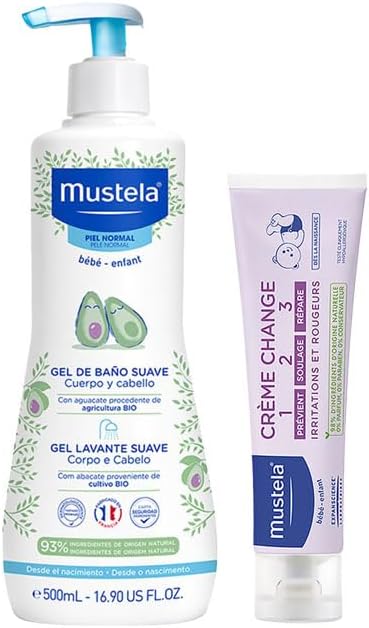 Mustela Combo Banho + Troca de Fralda - Gel Lavante Corpo e Cabelo 500ml + Creme Preventivo De Assaduras Vitaminado 1>2>3 108g