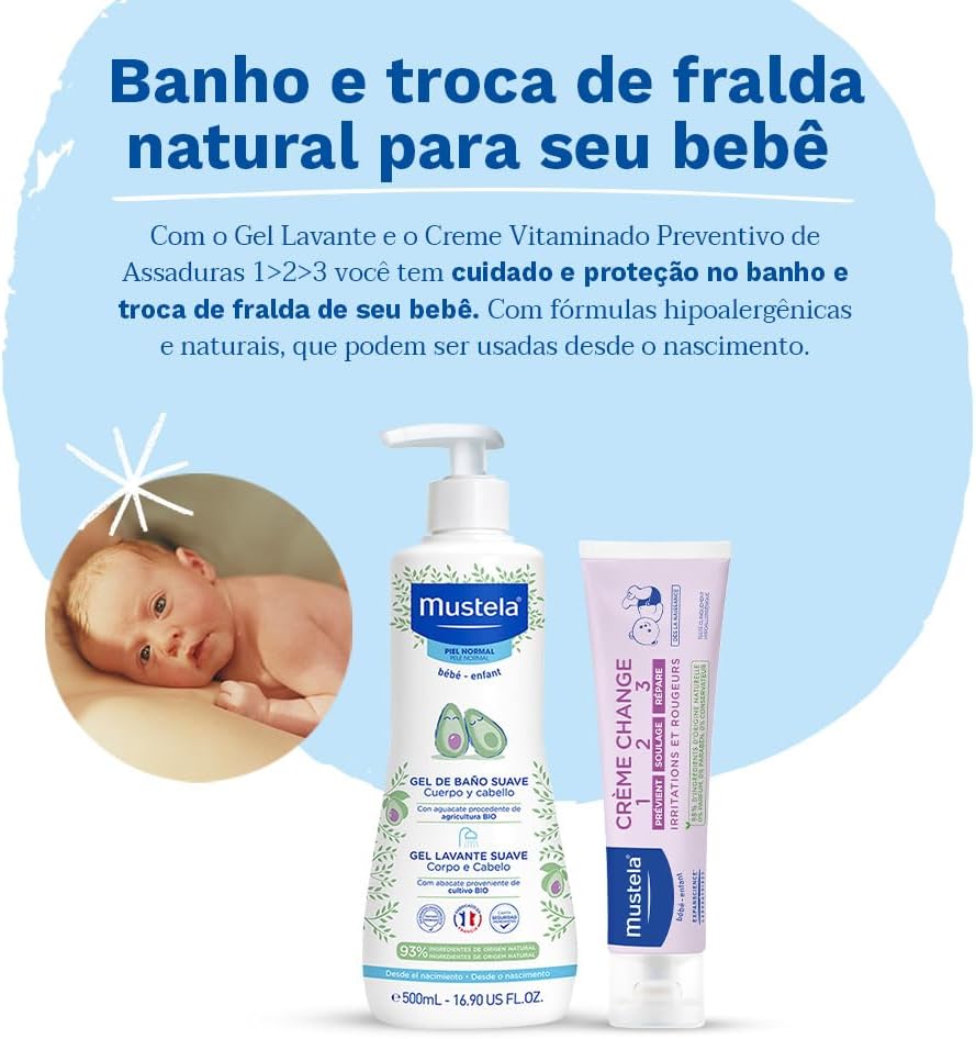 Mustela Combo Banho + Troca de Fralda - Gel Lavante Corpo e Cabelo 500ml + Creme Preventivo De Assaduras Vitaminado 1>2>3 108g - Imagem 3