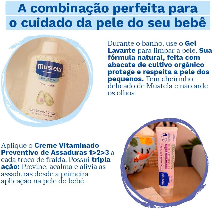 Mustela Combo Banho + Troca de Fralda - Gel Lavante Corpo e Cabelo 500ml + Creme Preventivo De Assaduras Vitaminado 1>2>3 108g - Imagem 4