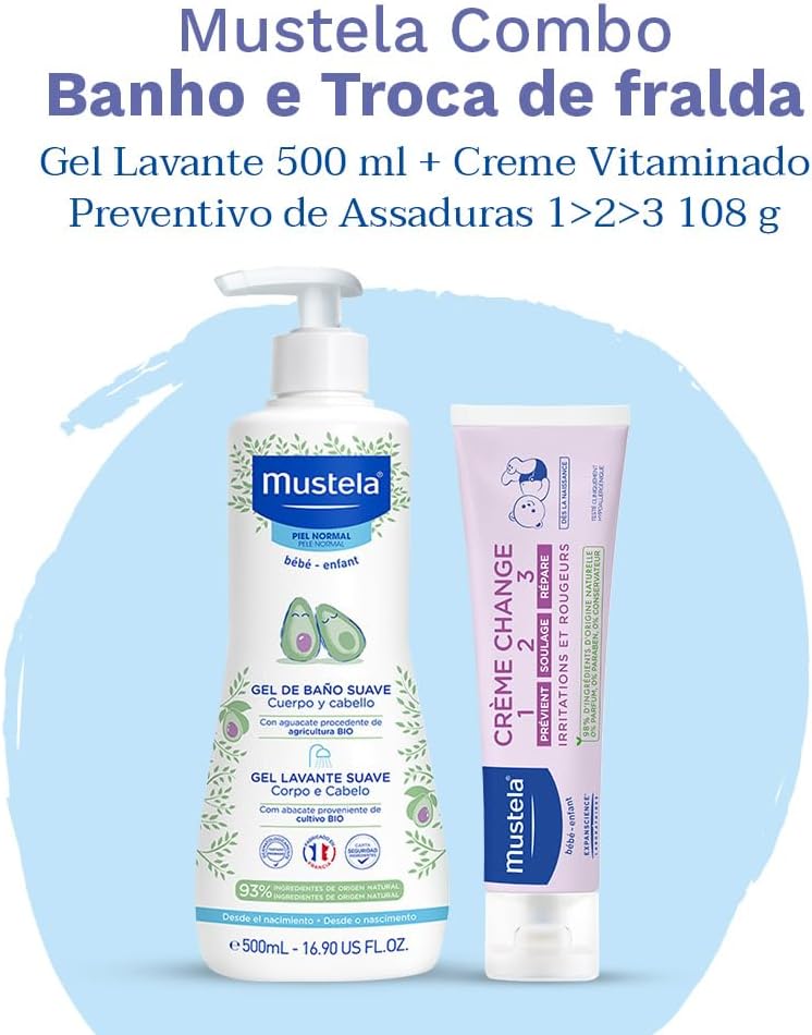 Mustela Combo Banho + Troca de Fralda - Gel Lavante Corpo e Cabelo 500ml + Creme Preventivo De Assaduras Vitaminado 1>2>3 108g - Imagem 2